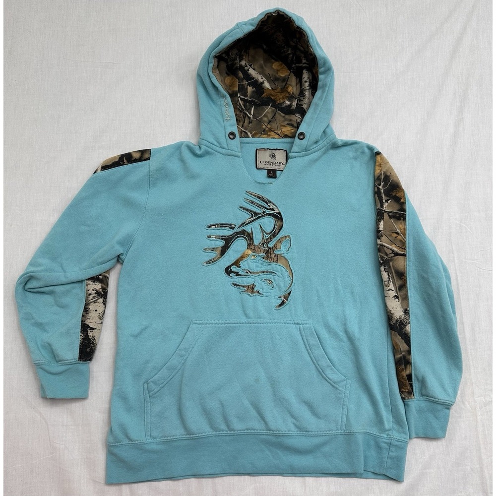 Legendary Whitetails‎ Women's Hoodie Large Teal Camo Buck Logo Pullover